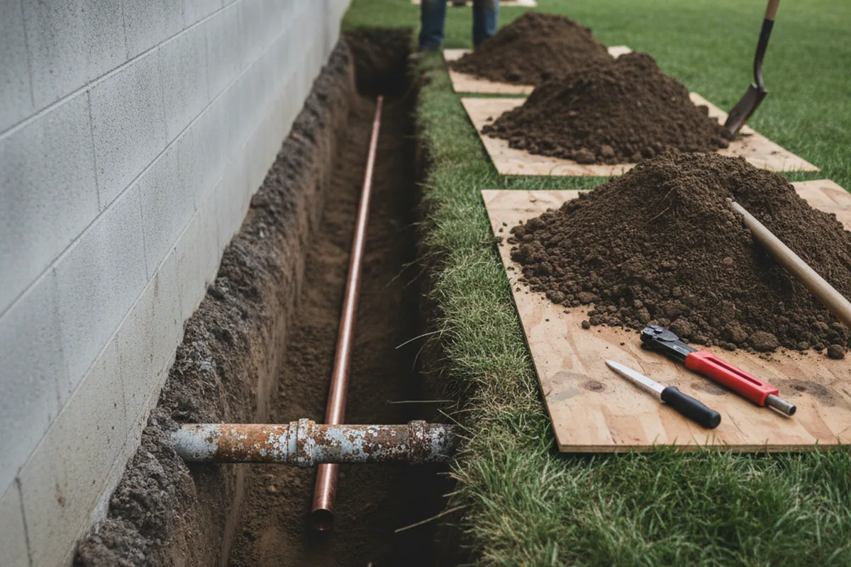 Excavated water line trench during Water Softener Installation in Viper